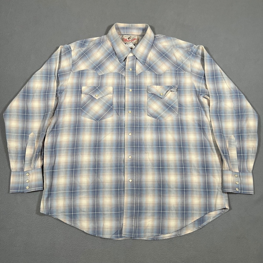 Wrangler Western Shirt Plaid Long Sleeve Cowboy Rodeo Pearl Snap Mens Large Blue